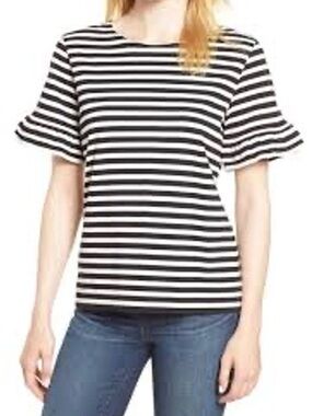 J. Crew Black & White Striped Flutter Sleeve Tee Coastal Beachy Vacation Casual